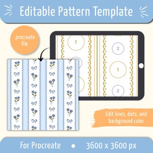Può includere: Un modello di motivo modificabile per Procreate con sfondo azzurro, strisce verticali, piccoli bouquet di fiori blu e fiocchi azzurri. Il file digitale include un tablet che mostra cerchi numerati e linee.