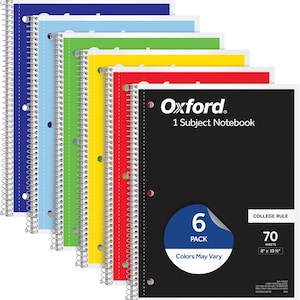 May include: A six-pack of Oxford 1 Subject Notebooks with spiral binding. Each notebook features a different cover color: dark blue, light blue, green, yellow, red, and black. The black cover displays text including 6 PACK, COLLEGE RULE, 70 SHEETS, and 8 x 10 1/2 inches.