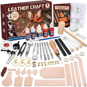 May include: A leather craft kit with a variety of tools, including a wooden mallet, needles, and leather dye. The kit includes pre-cut leather pieces, keychains, and earring components. The box reads "LEATHER CRAFT".