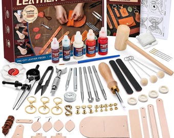 Complete Leather Working Starter Kit with Tools, Vegetable Tanned Leather,DIY Craft Supplies for Wallets, Keychains,Accessories