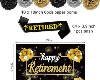 HappyRetirement PartyDecorationsKit,BlackGoldSilverRetirementBanner, Backdrop,Sash,HangingSwirls,HoneycombCenterpieces,FarewellOfficeParty