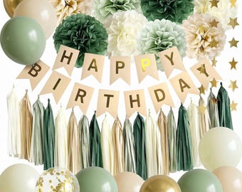 Sage Green Birthday Decorations Kit, Happy Birthday Banner, Balloon Garland Set, Boho Neutral Party Décor for Men Women Boys Girls