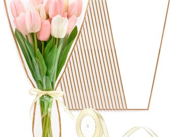 White Bouquet Flower Wrapping Bags with Gold Trim – Clear Floral Sleeves with Ribbon for Weddings, Graduations & Gift Bouquets