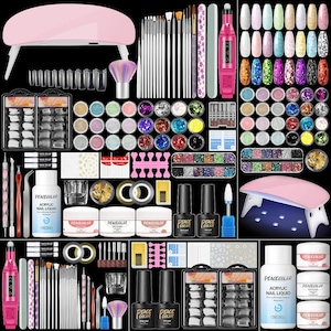 May include: A comprehensive nail art kit featuring a pink LED nail lamp, nail drill, various brushes, nail tips, and an assortment of colorful glitter, powders, and gel polishes. Includes acrylic nail liquid and Peacecolor gel polish.
