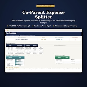 Pode incluir: Um arquivo digital XLSX intitulado Co-Parent Expense Splitter. A interface exibe um painel com despesas recentes, gastos por categoria e um resumo de suporte. Inclui colunas para data, descrição, categoria, valor e status do pagamento.