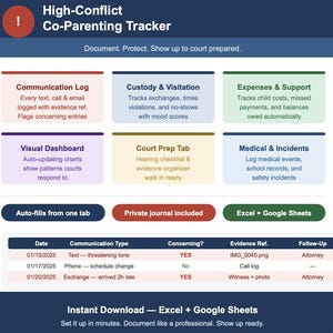May include: A digital co-parenting tracker with sections for communication logs, custody, expenses, and medical incidents. Includes a visual dashboard, court prep tab, and a sample data table. The text reads "High-Conflict Co-Parenting Tracker".