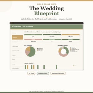 May include: A digital wedding planning spreadsheet titled The Wedding Blueprint for Excel and Google Sheets. The dashboard displays a live overview with budget, RSVP, and task tracking charts in sage green, tan, and dusty rose color schemes.
