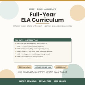 May include: A Grade 7 English Language Arts full-year curriculum document featuring 180 daily lesson plans. The text includes six units covering The Giver, Inside Out & Back Again, and The Diary of Anne Frank, with labels for editable Word and Excel files.