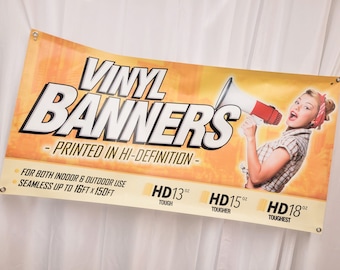 Custom Printed Banners! Full color with grommets. Seamless printing up to 16ftx150ft Great for birthdays, events, weddings, schools, & more