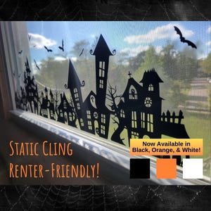Reusable Spooky Town Static Cling for Renter-Friendly Halloween Window Decor. Updated Design September 2023, More Bats and a Crescent Moon!!