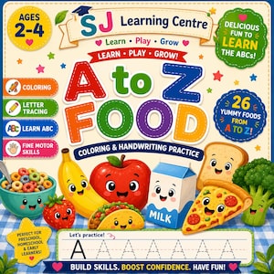 Op de afbeelding: Kleurrijke educatieve poster voor kinderen van 2-4 jaar, met het alfabet van A tot Z met voedselillustraties. Bevat kleurplaten, letters traceren en fijne motoriek oefeningen. De poster bevordert het leren van het alfabet met leuk eten.