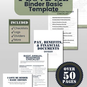 May include: A binder template titled "I Love Me" with checklists, logs, dividers, and more. Includes a promotion packet checklist, basic annual readiness checklist, and over 50 pages of essential templates for service members.