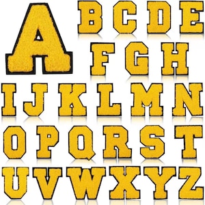 May include: A complete set of twenty-six alphabet letters from A to Z, rendered as yellow chenille patches with a thick black border. Each letter features a block-style font with a textured, fuzzy surface, designed for application as decorative patches.