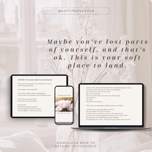 Pode incluir: Imagem promocional com um laptop, tablet e smartphone, todos exibindo texto e gráficos florais. Os dispositivos apresentam conteúdo focado em autocuidado e desenvolvimento pessoal, com o texto "This is your soft place to land."