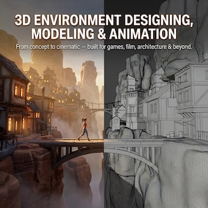 Könnte beinhalten: Ein geteiltes Bild, das 3D-Umgebungsdesign zeigt. Die linke Seite zeigt eine detaillierte Dorfszene mit warmer Beleuchtung, die rechte Seite ein Drahtmodell derselben Szene. Text: "3D ENVIRONMENT DESIGNING, MODELING & ANIMATION. From concept to cinematic."