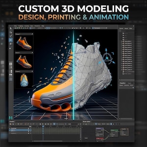 Pode incluir: Uma renderização digital de um tênis, dividida para mostrar o produto final e seu modelo de arame. O tênis é laranja, cinza e preto. A imagem inclui o texto "CUSTOM 3D MODELING DESIGN, PRINTING & ANIMATION".