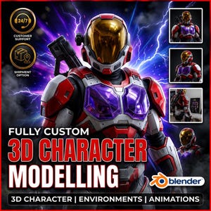 May include: A digital rendering of a futuristic character in a red, white, and purple armored suit with a gold visor. The image includes the text "FULLY CUSTOM 3D CHARACTER MODELLING" and "3D CHARACTER | ENVIRONMENTS | ANIMATIONS". Additional images showcase the character from different angles.