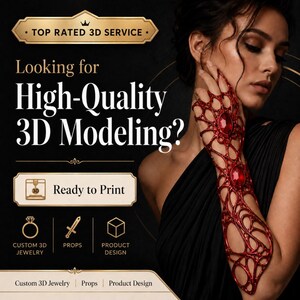 Op de afbeelding: Een rood, ingewikkeld, webachtig 3D-geprint hand- en onderarmaccessoire met ingebedde rode edelstenen. De afbeelding bevat tekst: Top Rated 3D Service, Looking for High-Quality 3D Modeling?, Ready to Print, Custom 3D Jewelry, Props, Product Design.