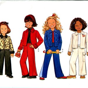 May include: Butterick sewing pattern 6231 for children's suits. The illustration shows four children in different suit styles. One suit is a leopard print jacket with black pants. Other suits are red, blue, and cream colored.