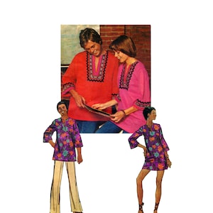 May include: Two people wearing colorful, patterned tunics with long sleeves and a V-neck. The tunics have a geometric design around the neckline. The people are standing in front of a brick wall.