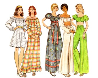 70s Butterick 3113 Maxi or Mini Dress Bell Bottom Pants Crop Top Size 9 Junior Petite Bust 33