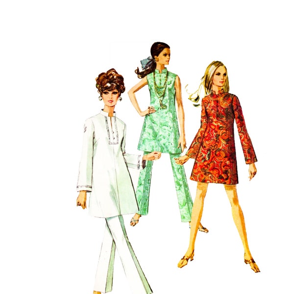 Simplicity 7994 Mod Guru Tunic Nehru Collar Mini Dress Bell Bottom Pants Size 12 Vintage 60s Sewing Pattern