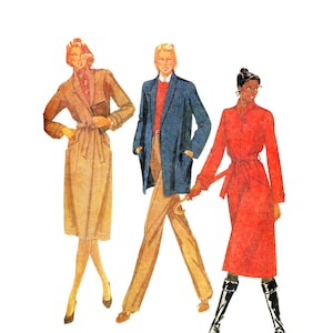 May include: Illustration of three figures in vintage fashion. A woman in a tan coat with a belt, a person in a blue coat over a red sweater and tan pants, and a person in a red coat with a belt and black boots.