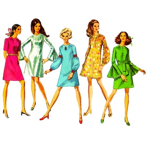 May include: Five women wearing different styles of short dresses. The dresses are in various colors and patterns, including pink, green, blue, and floral.