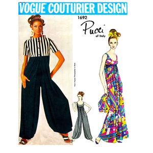 May include: Vintage Vogue Couturier Design sewing pattern for a jumpsuit and a maxi dress by Pucci of Italy. The pattern number is 1692.