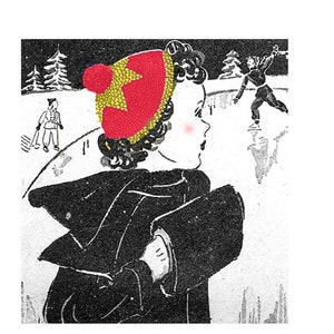 May include: A vintage illustration depicting a person wearing a red hat with a gold star design and a black coat, ice skating. The hat has a pom-pom. Other figures are seen in the background, enjoying the winter scene.