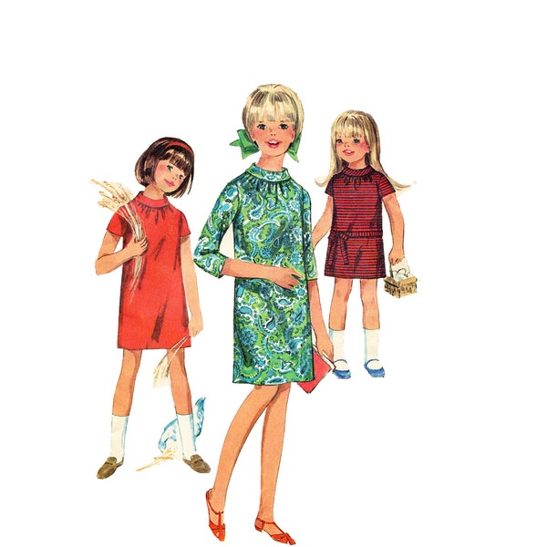 Simplicity 7184 Girls 1960s Slim Dress Vintage Sewing Pattern Size 6 Bias Rolled Collar 3/4 or Short Sleeves