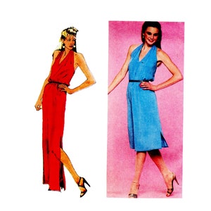 May include: Two images of halter dresses. One is a red, floor-length gown with a high slit. The other is a blue, knee-length dress with a black belt. Both dresses have a V-neck and are sleeveless. The dresses are shown on models.