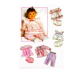 May include: A sewing pattern for a baby girl's dress and pants. The pattern includes four different styles of dresses and one style of pants. The dresses are all pink and white with floral prints. The pants are purple.