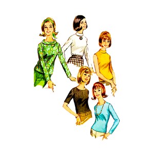 May include: Illustration of six women in various outfits. The outfits include a green paisley top and pants, a white long-sleeve top with a plaid skirt, a yellow sleeveless top, a black short-sleeve top, and a blue long-sleeve top. The women have short hairstyles.