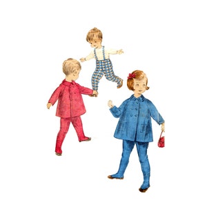 May include: Three children wearing different outfits. A boy in a blue and white plaid shirt and pants, a boy in a red jacket and pants, and a girl in a blue coat and pants.