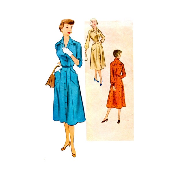 50s McCall's 8696 Misses' Shirtwaist Dress Notched Collar Vintage Sewing Pattern Size 16-1/2 Bust 37