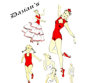 1940s  Dazian's 15 Misses' Leotards, and Tiered Skirt Vintage Sewing Pattern Size 12 Bust 30