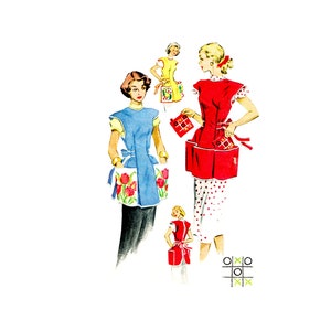 May include: Two women wearing vintage style aprons with pockets. One apron is red with white polka dots and the other is blue with a floral print. Both aprons have a tie at the waist.