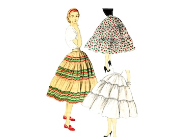 May include: Three different styles of full skirts. The first skirt is a multi-layered, beige skirt with green and red trim. The second skirt is a white, multi-layered skirt. The third skirt is a red and green floral print skirt.