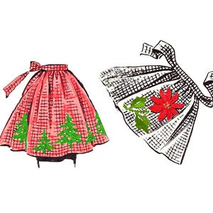 Könnte beinhalten: Zwei Vintage-Schürzen. Eine ist rot mit grünen Weihnachtsbäumen und einer Schleife. Die andere ist weiß mit einem schwarzen Gittermuster, einem roten Weihnachtsstern und grünen Blättern. Beide Schürzen sind auf weißem Hintergrund.