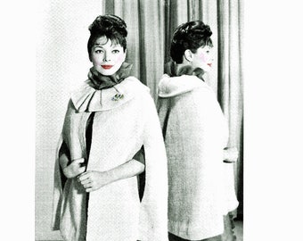 1960s Cape Coat Knitting Pattern for Women Split Neck Wide Collar MCM PDF Cape with Large Collar