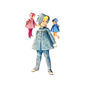 May include: Three girls wearing matching blue and white outfits with matching hats. The girl in the center is wearing a blue and white plaid coat and pants. The girls on the sides are wearing blue dresses with white collars and white trim.