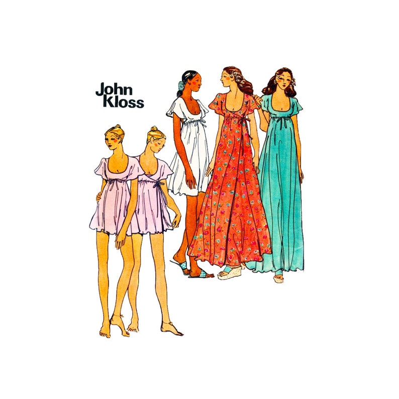 70s Nightgown by John Kloss Baby Doll Nightgown, Surplice Robe Butterick 3408 ORIGINAL Vintage Sewing Pattern Size 12 Bust 34 UNCUT 