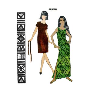May include: Illustration of two dresses. One is a short, dark red dress with short sleeves. The other is a long, green dress with a black pattern and a high slit. A black and white patterned column is on the left. The word "AKAMAI" is at the top.