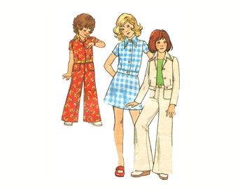 70s Girl's Denim A-Line Skirt, Flared Pants, and Jacket Butterick 3096 Vintage Sewing Pattern Size 8