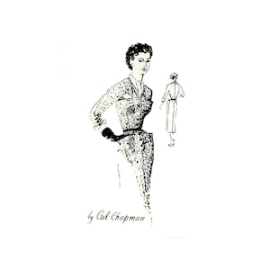 May include: Black and white illustration of a woman in a patterned suit with a fitted waist and a pencil skirt. A smaller sketch of the back view is to the right. The text "by Cal Chapman" is at the bottom.
