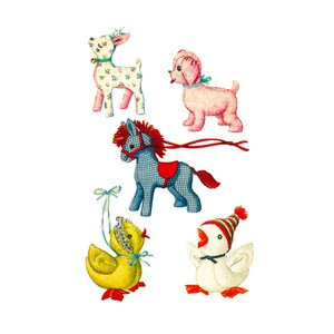 May include: A collection of vintage-style stuffed animal toys, including a deer, a dog, a horse, a duckling, and a duck. The deer and dog are pink, the horse is blue, the duckling is yellow, and the duck is white. Each toy has unique details.