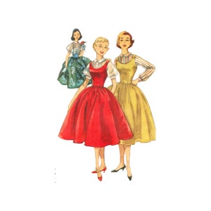 May include: Three women wearing vintage dresses. The woman in the centre is wearing a red dress with a white collar and a white belt. The woman on the left is wearing a green and blue dress with a white collar. The woman on the right is wearing a yellow dress with a white and red striped shirt.