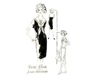 60s Anne Klein Sailor Dress Sewing Pattern: Fitted Sheath, Bust 34 (UNCUT)