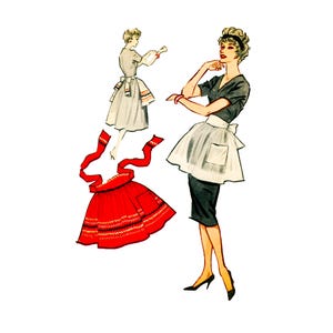 May include: A vintage-style illustration featuring a figure wearing a dark dress with a white apron, a separate red apron with decorative stitching and long ties, and a smaller figure wearing a light-coloured dress with a white apron and bow.